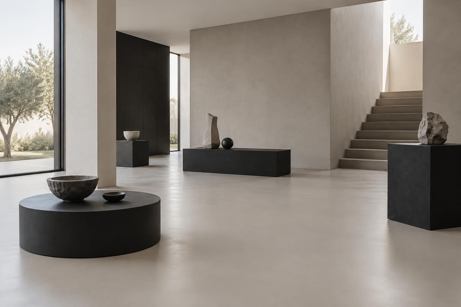 Pale warm gray solid-color concrete coating in a minimal showroom