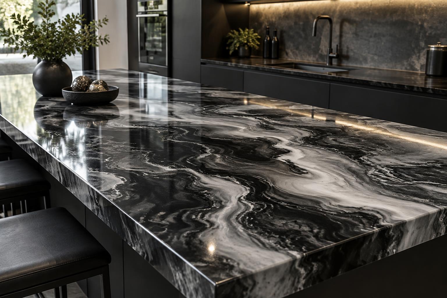 Glossy custom resin countertop with black, charcoal, and white decorative movement