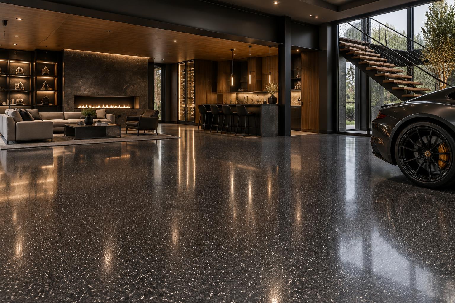 Premium residential automotive gallery with a charcoal flake floor